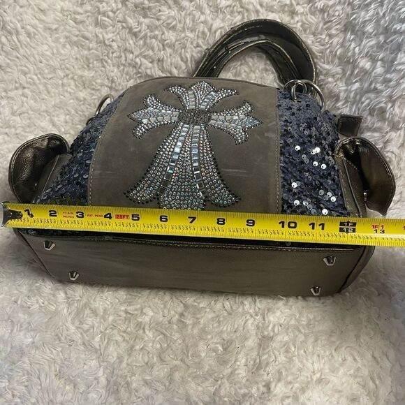 Stylish Blue &Silver Rhinestones cross embroidery & sequins metallic gray Bag - Picture 8 of 16